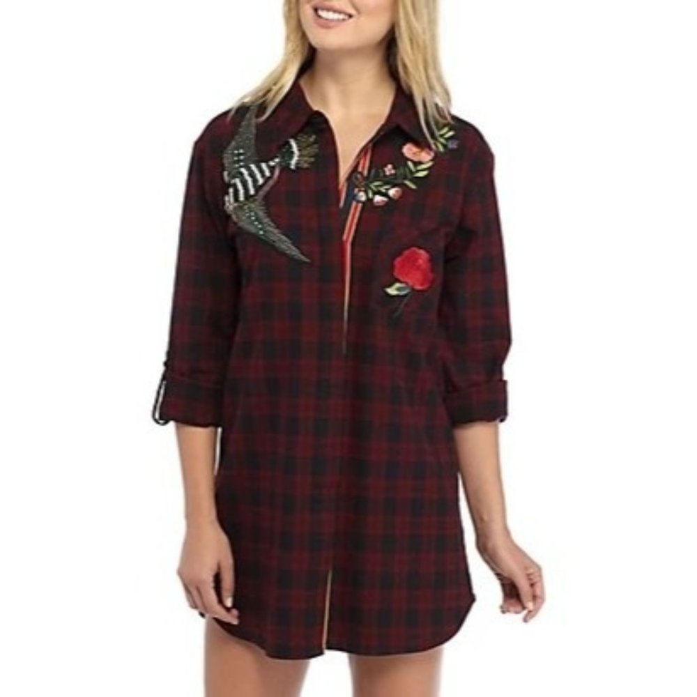 Sam Edelman flannel embroidered long plaid flannel shirt size small